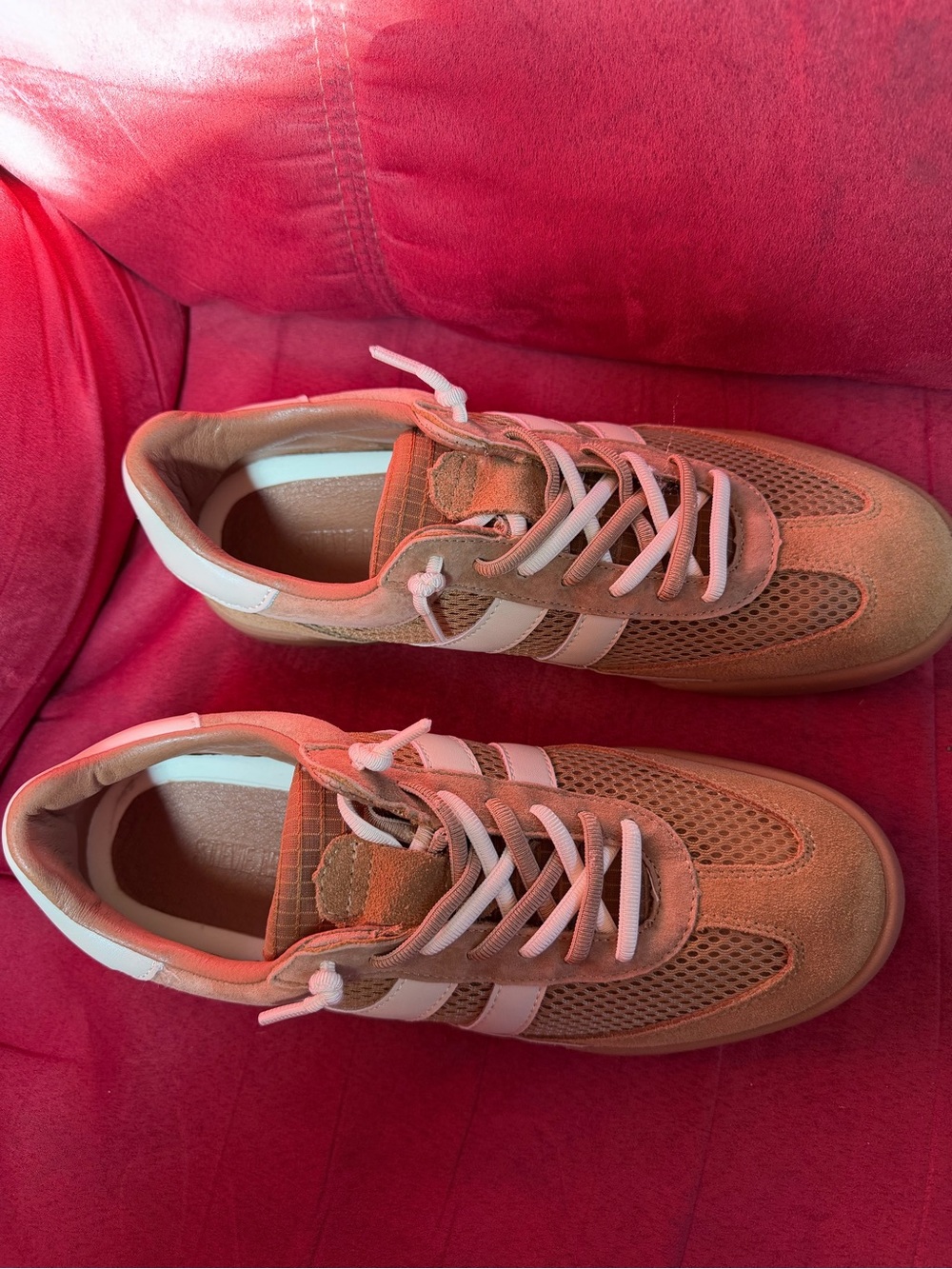 Steve Madden Tan Suede & Mesh Sneakers with White Stripes - Picture 5 of 8